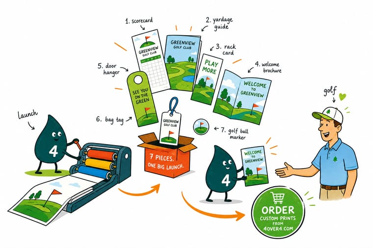 Wally, the 4OVER4 mascot holding a 4, laying out a golf course launch: a banner at the entrance, yard signs at the turns, and a sales sheet and gift certificate booking the calendar