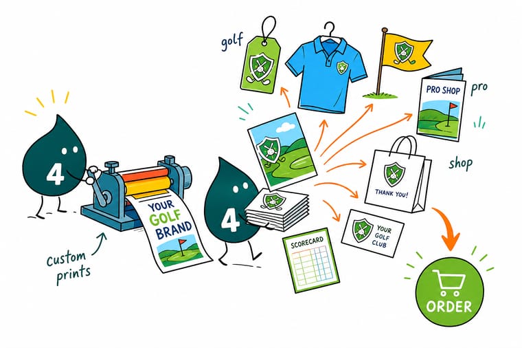 Wally, the 4OVER4 mascot holding a 4, arranging a golf pro shop banner, window cling, poster, business card, gift certificate, hangtag, and sticker as one matching set