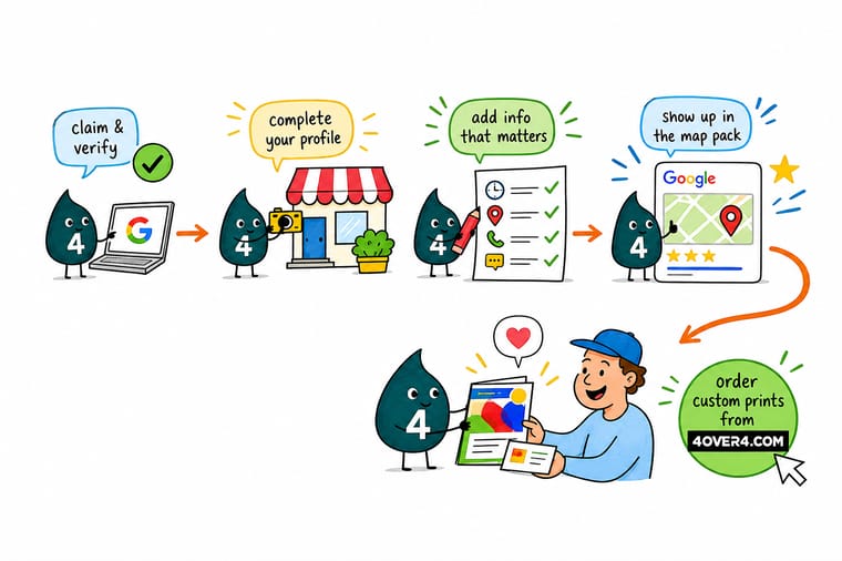 Wally, the 4OVER4 mascot with a 4, standing on a map pin and handing a customer a card with a review QR code on the back