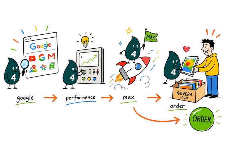 Wally, the 4OVER4 mascot with a 4, feeding one budget into a Performance Max machine that fans out across Search, Shopping, YouTube, Display, Discover and Gmail