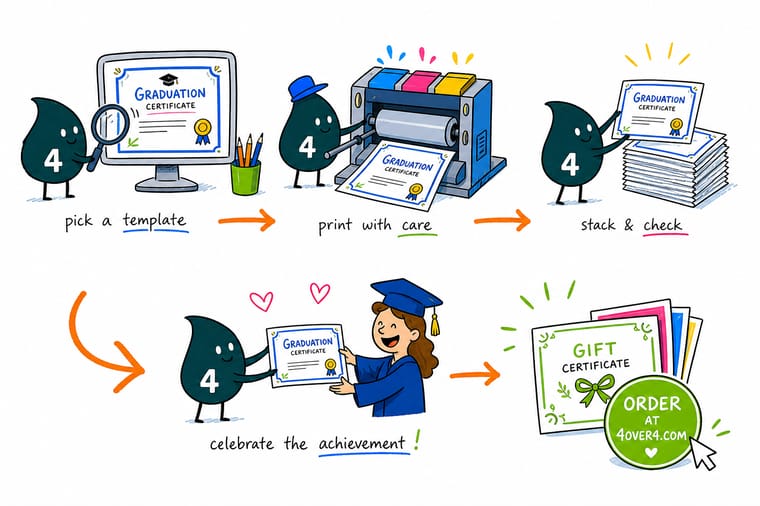 Graduation Certificate Templates You Can Customize And Print explained by Wally, the 4OVER4 mascot holding a 4