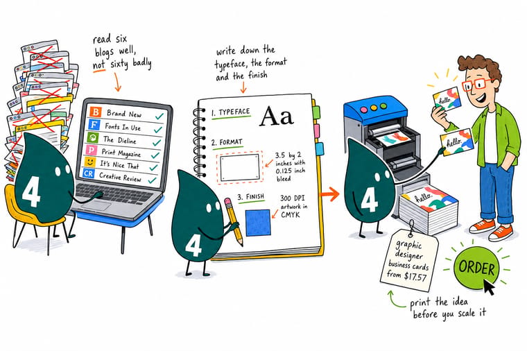 Wally from 4OVER4 reading a design blog on one screen and holding the printed business card version of the same idea