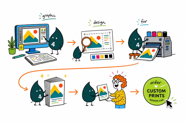 Wally, the 4OVER4 mascot with a 4, measuring a business card layout with bleed, trim and safety lines marked before sending it to press