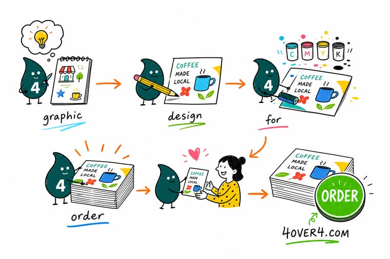 Wally, the 4OVER4 mascot with a 4, arranging a small business brand kit of logo, colors, and a business card