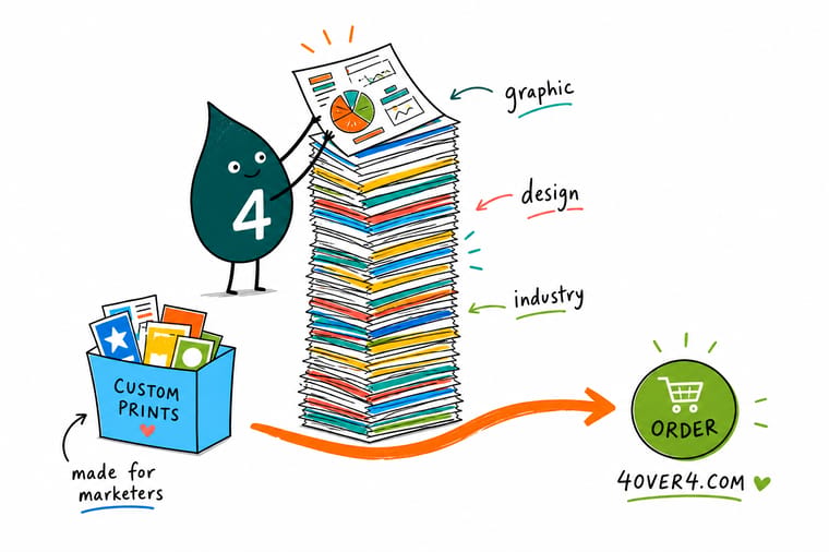 Wally the 4OVER4 mascot arranging color, type, and layout into a polished printed design