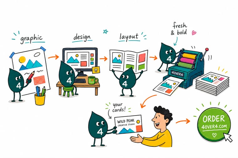Wally, the 4OVER4 mascot holding a 4, arranging a headline, image, and button onto a labelled grid with clear hierarchy