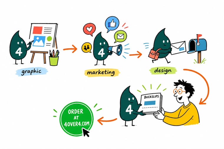 Wally, the 4OVER4 mascot with a 4, handing a design client a printed business card and portfolio