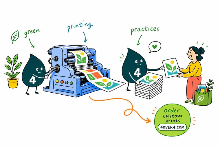 Wally from 4OVER4 showing a greener office with duplex printing, recycled paper, and soy-based inks