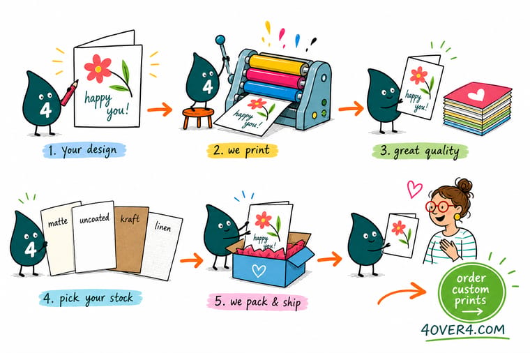 Wally, the 4OVER4 mascot with a 4, scoring a flat printed sheet down the middle, folding it into a greeting card and sliding it into a matching envelope