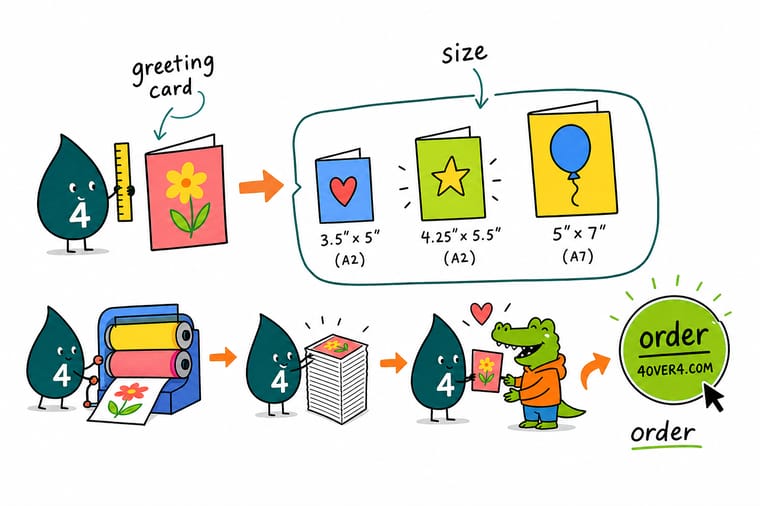 Wally, the 4OVER4 mascot with a 4, measuring a folded greeting card against its envelope
