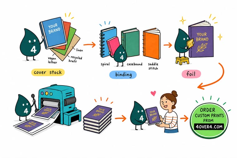 Wally, the 4OVER4 mascot with a 4, pressing a logo die into a leather journal cover while a wire bound notebook lies open flat beside him