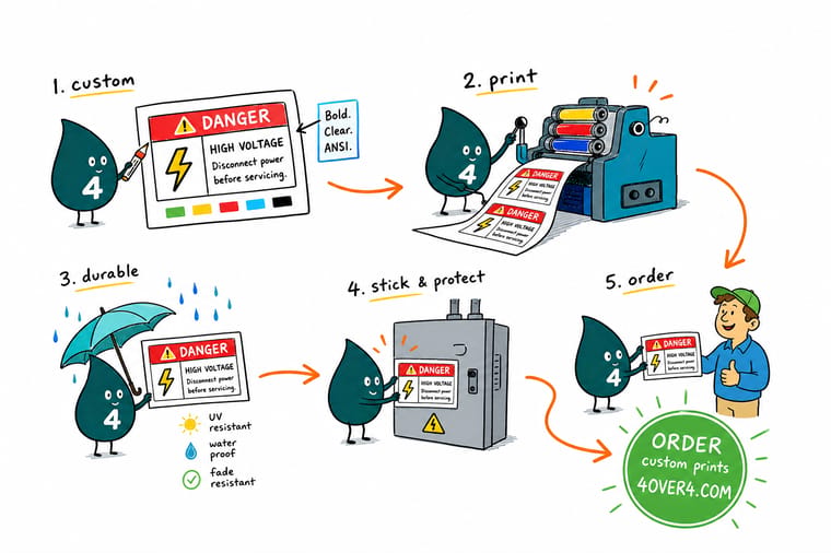 Wally, the 4OVER4 mascot with a 4, holding a red DANGER label and an orange WARNING label against a machine guard while checking which one the hazard deserves