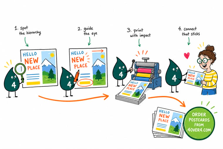 Wally, the 4OVER4 mascot with a 4, arranging a flyer so the headline is biggest and the call-to-action button stands out