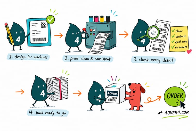 Wally, the 4OVER4 mascot with a 4, feeding a spreadsheet into a label press that prints a roll of labels each carrying a different address