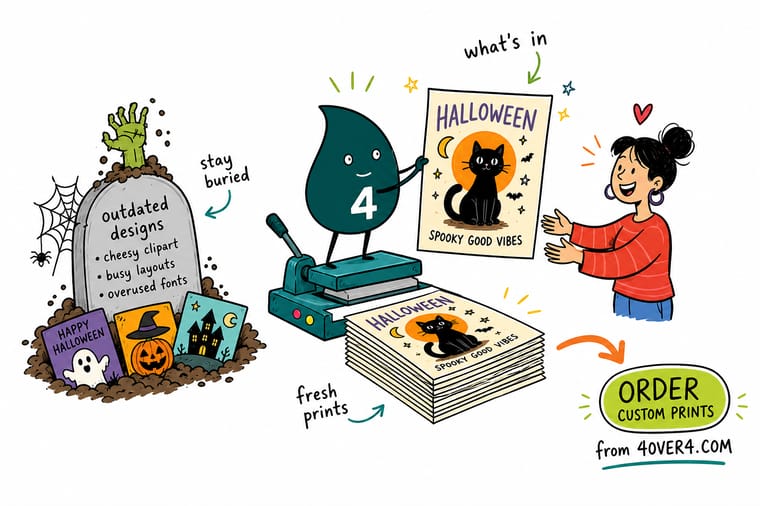 Wally from 4OVER4 holding a Halloween yard sign up at arm's length and checking the headline still reads from across the street