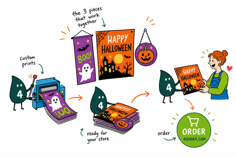 Wally, the 4OVER4 mascot, hanging a Halloween door hanger while holding printed bookmarks and a seasonal greeting card