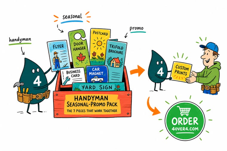 Wally, the 4OVER4 mascot holding a 4, flipping a seasonal calendar while a flyer, postcard, door hanger, and yard sign line up for the next demand peak