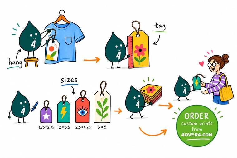 Wally, the 4OVER4 mascot holding a 4, measuring hang tags of different sizes with a ruler and a string hole punch