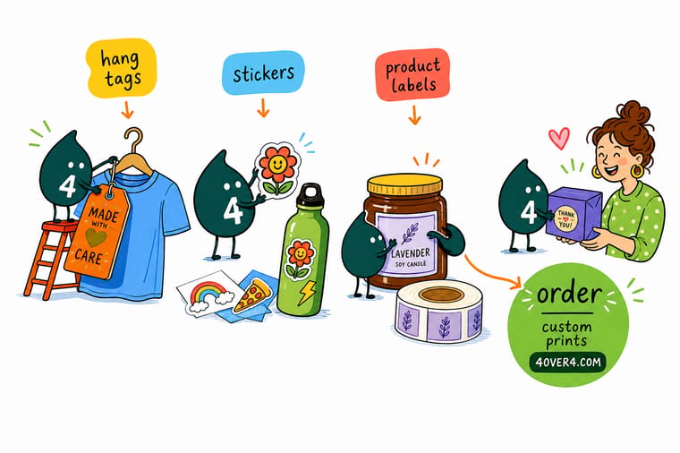Wally, the 4OVER4 mascot with a 4, holding a strung hang tag in one hand, peeling a die-cut sticker off its liner with the other, and looking at a labelled bottle on the bench