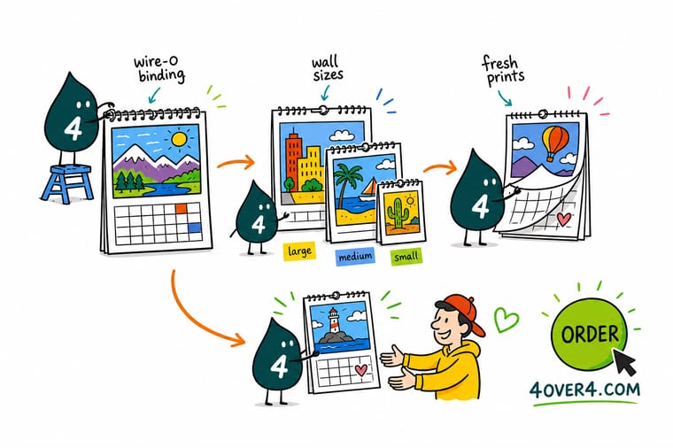 Wally, the 4OVER4 mascot with a 4, hanging a wire-o coil calendar on a wall hook with the image leaf flipped up above the coil and the month grid below