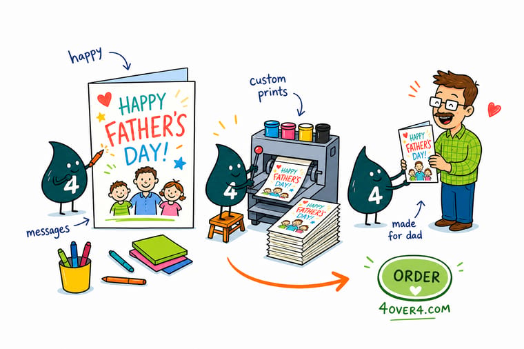 Wally from 4OVER4 handing a printed Father's Day card to a happy dad after writing a heartfelt message
