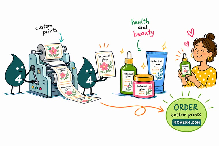 Wally from 4OVER4 holding a laminated synthetic label against a skincare bottle and checking the wet edge