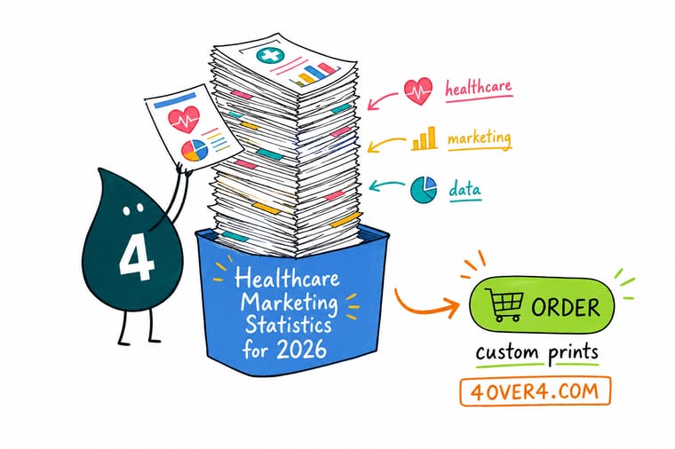 Wally the 4OVER4 mascot handing a premium patient brochure across a healthcare front desk