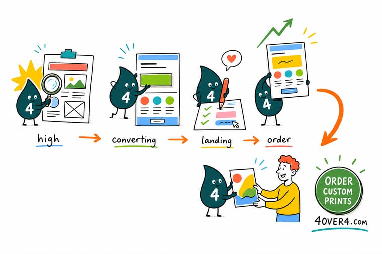 Wally, the 4OVER4 mascot with a 4, sliding a proof block into the empty fourth slot of a landing page wireframe