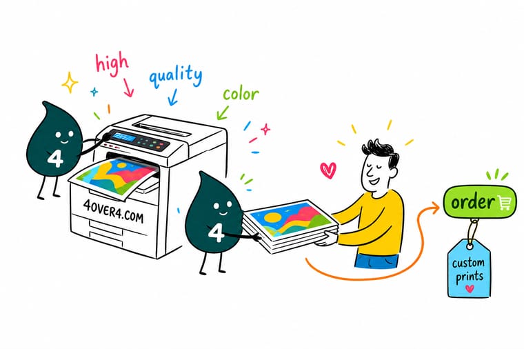 Wally from 4OVER4 pulling a sharp full-color flyer off a professional digital press, the winner over a streaky office laser printer
