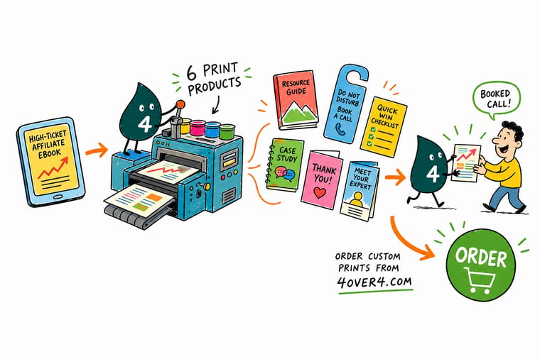 Wally, the 4OVER4 mascot, holding a perfect bound high-ticket affiliate book in one hand and a postcard with a QR code in the other, with a stapled briefing booklet, a foil business card and a retractable banner stand behind him