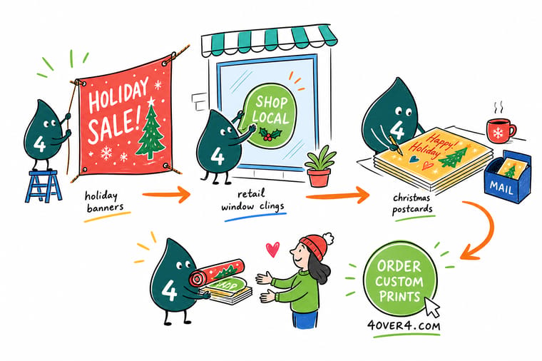 Wally, the 4OVER4 mascot with a 4, hanging a holiday banner over the door, sticking a cling on the window, and posting a Christmas postcard down the street