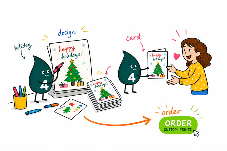 Wally from 4OVER4 folding a printed holiday card along its score line and sliding it into a matching A7 envelope