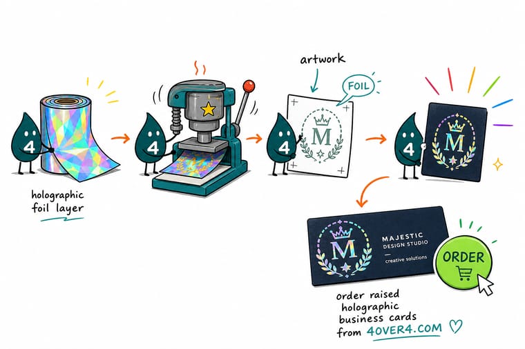 Wally, the 4OVER4 mascot with a 4, tilting a holographic foil card under a lamp so the reflected light fans out into a spectrum