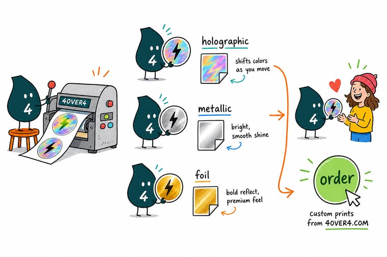 Wally, the 4OVER4 mascot with a 4, tilting three stickers side by side: a rainbow holographic one, a mirror foil one and an even silver metallic ink one