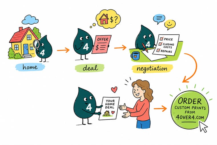 Wally, the 4OVER4 mascot with a 4, sliding a printed packet of comparable sales across a kitchen table to a home seller