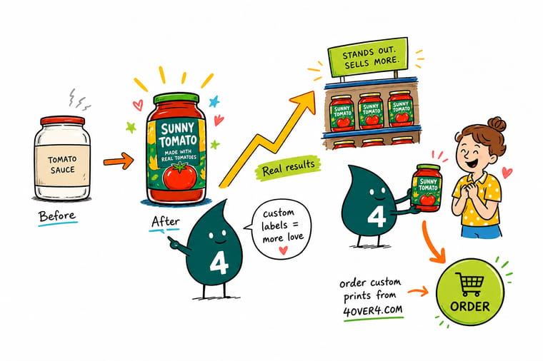 Wally the 4OVER4.COM mascot showing a food brand how durable custom labels make jars stand out on the shelf