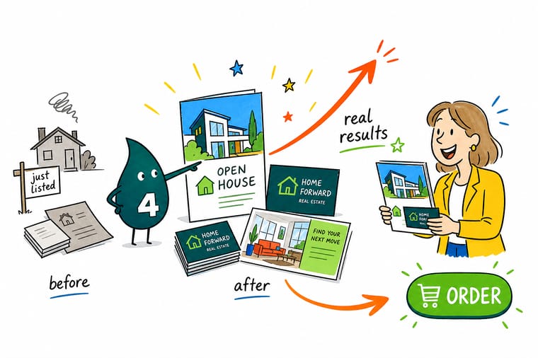 Wally the 4OVER4.COM mascot showing a real estate team a coordinated print kit of business cards, postcards, and branded folders
