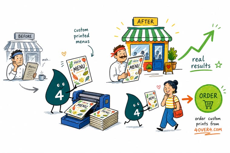 Wally the 4OVER4.COM mascot showing a restaurant owner a coordinated set of matte menus, table tents, and business cards