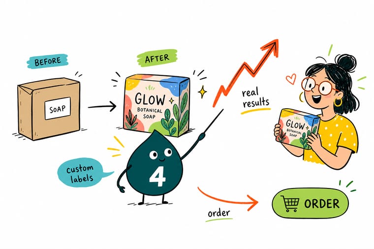Wally the 4OVER4.COM mascot showing a retail brand a set of laminated custom labels on skincare bottles and soap boxes