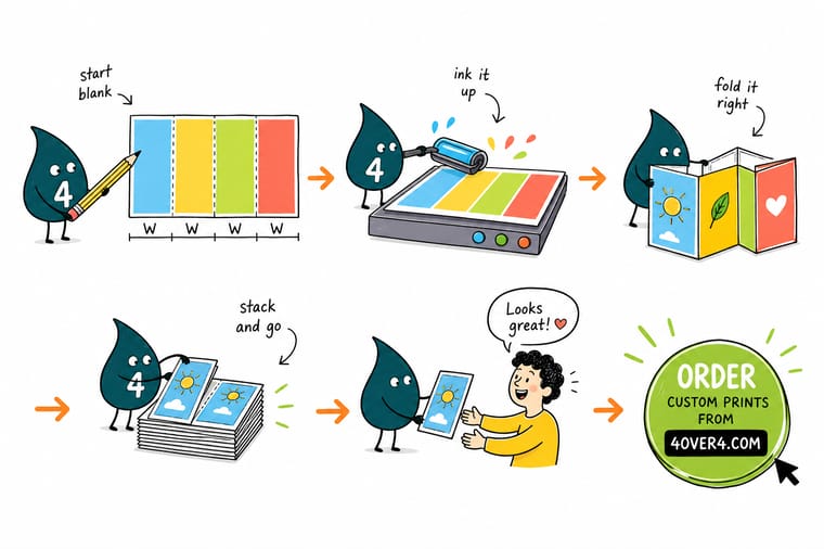 Wally, the 4OVER4 mascot with a 4, measuring the three panels of a blank tri-fold template and marking the narrow tuck-in panel