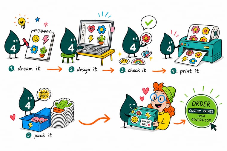 Wally, the 4OVER4 mascot with a 4, tracing a contour cut around an illustration while holographic and glitter sticker sheets wait beside him