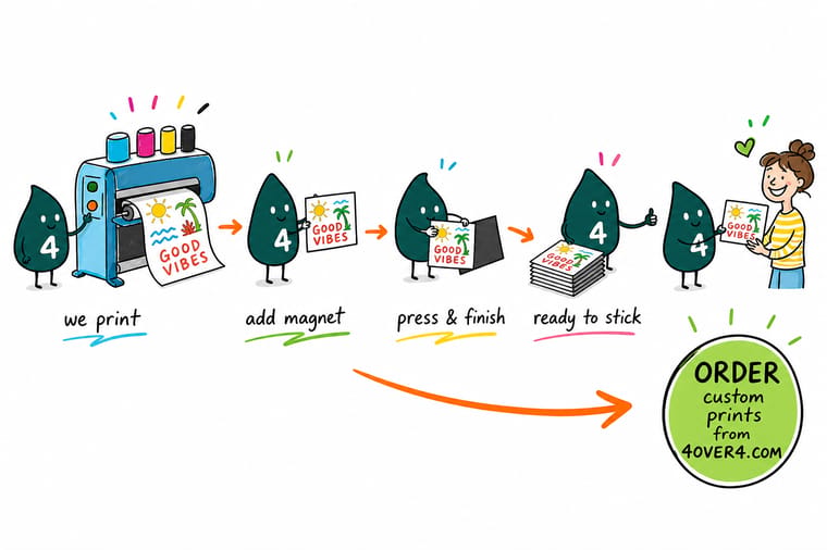 Wally, the 4OVER4 mascot with a 4, laminating a freshly printed sheet onto a roll of flexible magnet and pressing a finished magnet onto a steel door
