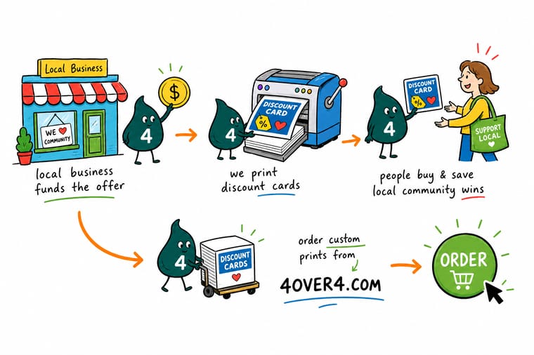 Wally, the 4OVER4 mascot with a 4, collecting an offer from a local business, printing the discount cards, and handing one to a buyer who supports the group