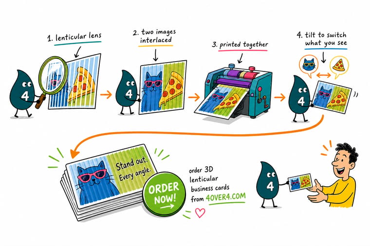 Wally, the 4OVER4 mascot holding a 4, tilting a lenticular business card so its image flips between two frames