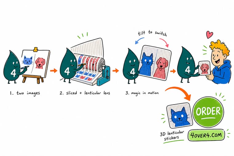 Wally, the 4OVER4 mascot holding a 4, tilts a lenticular sticker that appears to animate while an orange arrow leads to an order button