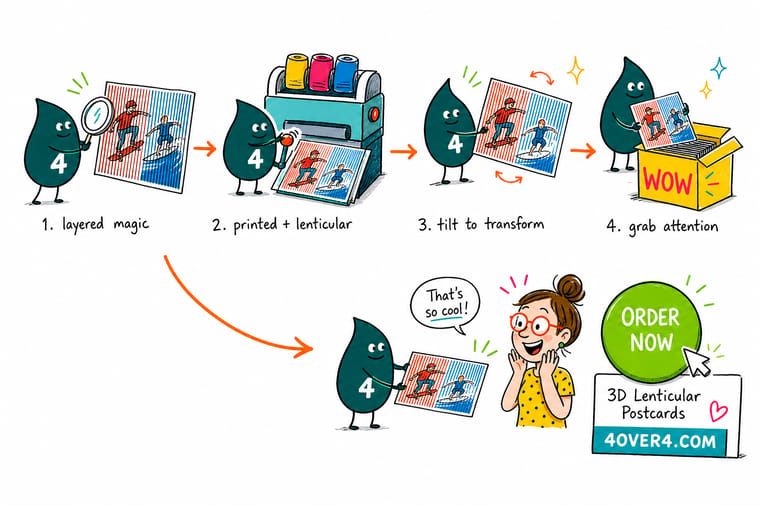 Wally, the 4OVER4 mascot holding a 4, tilts a lenticular postcard that appears to move while an orange arrow leads to an order button