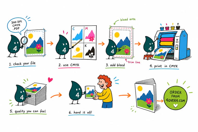 Wally, the 4OVER4 mascot with a 4, mixing cyan, magenta, yellow, and black ink to match a design on screen