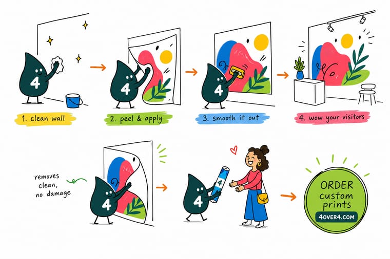 Wally, the 4OVER4 mascot with a 4, squeegeeing a removable wall graphic onto a booth panel and folding a corner back on itself to peel it off clean