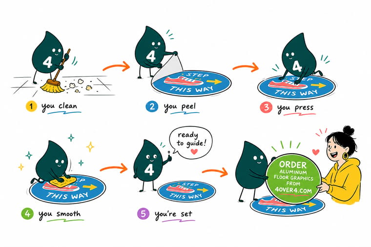 Wally, the 4OVER4 mascot holding a 4, squeegees a floor graphic flat while an orange arrow leads to an order button