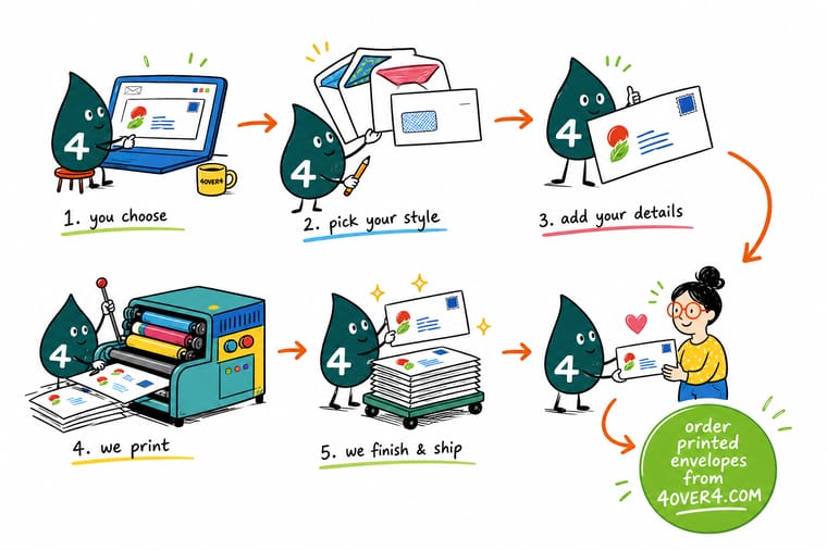 Wally, the 4OVER4 mascot holding a 4, seals a branded envelope while an orange arrow leads to an order button